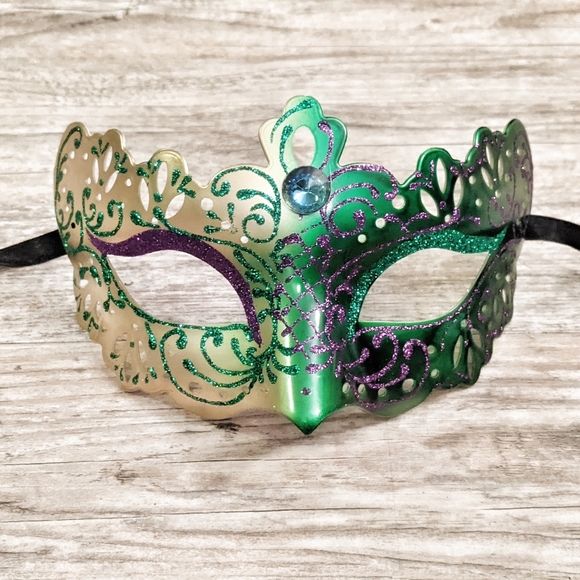 Ladies Masquerade Mask in Purple, Green & Gold | Mardi Gras Mask - Picture 5 of 6